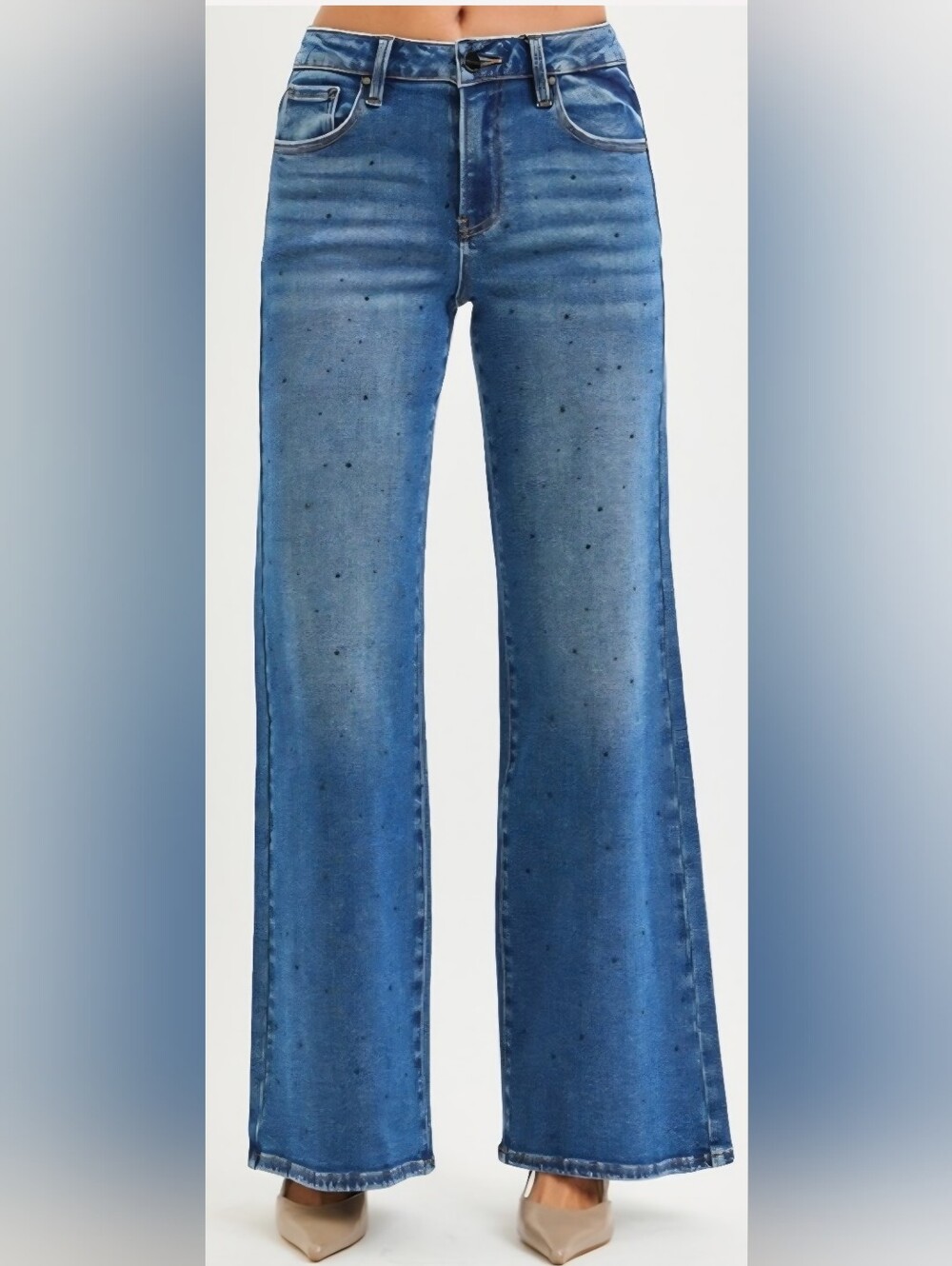 High-Rise Wide Leg Jeans with Subtle Dot Detail - Medium Blue
